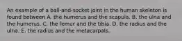 An example of a ball-and-socket joint in the human skeleton is found between A. the humerus and the scapula. B. the ulna and the humerus. C. the femur and the tibia. D. the radius and the ulna. E. the radius and the metacarpals.