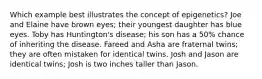 Which example best illustrates the concept of epigenetics? Joe and Elaine have brown eyes; their youngest daughter has blue eyes. Toby has Huntington's disease; his son has a 50% chance of inheriting the disease. Fareed and Asha are fraternal twins; they are often mistaken for identical twins. Josh and Jason are identical twins; Josh is two inches taller than Jason.