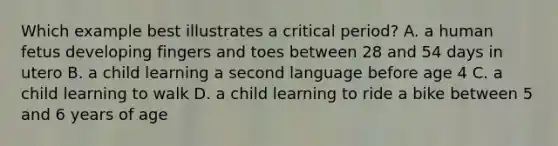 Which example best illustrates a critical period? A. a human fetus developing fingers and toes between 28 and 54 days in utero B. a child learning a second language before age 4 C. a child learning to walk D. a child learning to ride a bike between 5 and 6 years of age