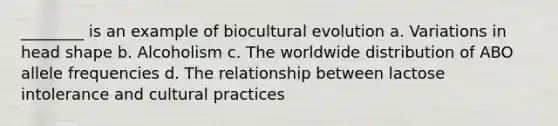 ________ is an example of biocultural evolution a. Variations in head shape b. Alcoholism c. The worldwide distribution of ABO allele frequencies d. The relationship between lactose intolerance and cultural practices