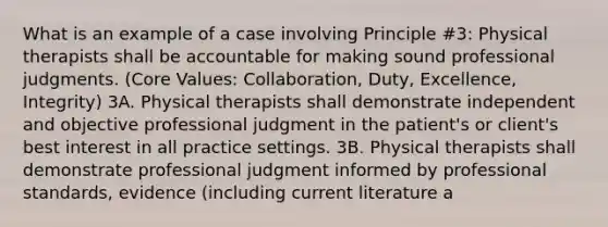 What is an example of a case involving Principle #3: Physical therapists shall be accountable for making sound professional judgments. (Core Values: Collaboration, Duty, Excellence, Integrity) 3A. Physical therapists shall demonstrate independent and objective professional judgment in the patient's or client's best interest in all practice settings. 3B. Physical therapists shall demonstrate professional judgment informed by professional standards, evidence (including current literature a