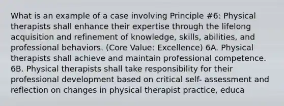 What is an example of a case involving Principle #6: Physical therapists shall enhance their expertise through the lifelong acquisition and refinement of knowledge, skills, abilities, and professional behaviors. (Core Value: Excellence) 6A. Physical therapists shall achieve and maintain professional competence. 6B. Physical therapists shall take responsibility for their professional development based on critical self- assessment and reflection on changes in physical therapist practice, educa