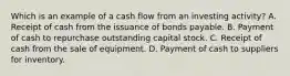 Which is an example of a cash flow from an investing activity? A. Receipt of cash from the issuance of bonds payable. B. Payment of cash to repurchase outstanding capital stock. C. Receipt of cash from the sale of equipment. D. Payment of cash to suppliers for inventory.