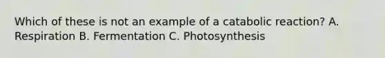 Which of these is not an example of a catabolic reaction? A. Respiration B. Fermentation C. Photosynthesis