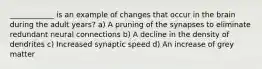 ____________ is an example of changes that occur in the brain during the adult years? a) A pruning of the synapses to eliminate redundant neural connections b) A decline in the density of dendrites c) Increased synaptic speed d) An increase of grey matter