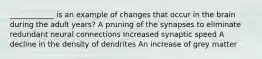 ____________ is an example of changes that occur in the brain during the adult years? A pruning of the synapses to eliminate redundant neural connections Increased synaptic speed A decline in the density of dendrites An increase of grey matter