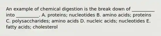 An example of chemical digestion is the break down of __________ into __________. A. proteins; nucleotides B. amino acids; proteins C. polysaccharides; amino acids D. nucleic acids; nucleotides E. fatty acids; cholesterol