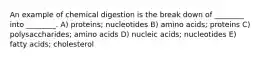 An example of chemical digestion is the break down of ________ into ________. A) proteins; nucleotides B) amino acids; proteins C) polysaccharides; amino acids D) nucleic acids; nucleotides E) fatty acids; cholesterol