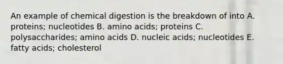 An example of chemical digestion is the breakdown of into A. proteins; nucleotides B. amino acids; proteins C. polysaccharides; amino acids D. nucleic acids; nucleotides E. fatty acids; cholesterol