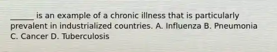 ______ is an example of a chronic illness that is particularly prevalent in industrialized countries. A. Influenza B. Pneumonia C. Cancer D. Tuberculosis