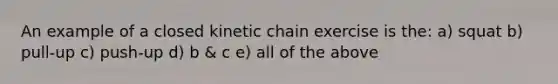 An example of a closed kinetic chain exercise is the: a) squat b) pull-up c) push-up d) b & c e) all of the above