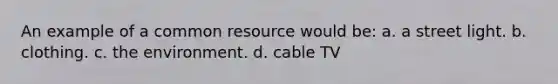 An example of a common resource would be: a. a street light. b. clothing. c. the environment. d. cable TV