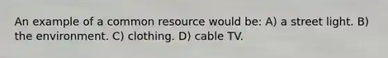 An example of a common resource would be: A) a street light. B) the environment. C) clothing. D) cable TV.