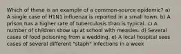 Which of these is an example of a common-source epidemic? a) A single case of H1N1 influenza is reported in a small town. b) A prison has a higher rate of tuberculosis than is typical. c) A number of children show up at school with measles. d) Several cases of food poisoning from a wedding. e) A local hospital sees cases of several different "staph" infections in a week