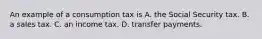 An example of a consumption tax is A. the Social Security tax. B. a sales tax. C. an income tax. D. transfer payments.