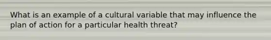 What is an example of a cultural variable that may influence the plan of action for a particular health threat?