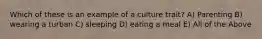 Which of these is an example of a culture trait? A) Parenting B) wearing a turban C) sleeping D) eating a meal E) All of the Above