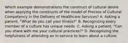 Which example demonstrations the construct of cultural desire when applying the constructs of the model of Process of Cultural Competency in the Delivery of Healthcare Services? A. Asking a patient, "What do you call your illness?" B. Recognizing every member of a culture has unique needs. C. Asking a patient, "Can you share with me your cultural practices?" D. Recognizing the helpfulness of attending an in-service to learn about a culture.