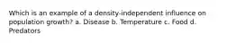 Which is an example of a density-independent influence on population growth? a. Disease b. Temperature c. Food d. Predators