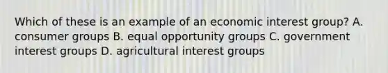 Which of these is an example of an economic interest group? A. consumer groups B. equal opportunity groups C. government interest groups D. agricultural interest groups