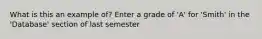 What is this an example of? Enter a grade of 'A' for 'Smith' in the 'Database' section of last semester