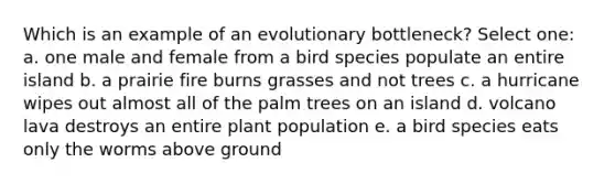 Which is an example of an evolutionary bottleneck? Select one: a. one male and female from a bird species populate an entire island b. a prairie fire burns grasses and not trees c. a hurricane wipes out almost all of the palm trees on an island d. volcano lava destroys an entire plant population e. a bird species eats only the worms above ground