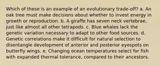 Which of these is an example of an evolutionary trade-off? a. An oak tree must make decisions about whether to invest energy in growth or reproduction. b. A giraffe has seven neck vertebrae, just like almost all other tetrapods. c. Blue whales lack the genetic variation necessary to adapt to other food sources. d. Genetic correlations make it difficult for natural selection to disentangle development of anterior and posterior eyespots on butterfly wings. e. Changing ocean temperatures select for fish with expanded thermal tolerance, compared to their ancestors.