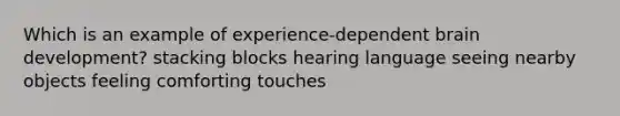 Which is an example of experience-dependent brain development? stacking blocks hearing language seeing nearby objects feeling comforting touches