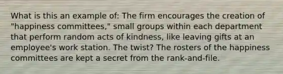 What is this an example of: The firm encourages the creation of "happiness committees," small groups within each department that perform random acts of kindness, like leaving gifts at an employee's work station. The twist? The rosters of the happiness committees are kept a secret from the rank-and-file.