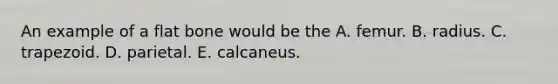 An example of a flat bone would be the A. femur. B. radius. C. trapezoid. D. parietal. E. calcaneus.