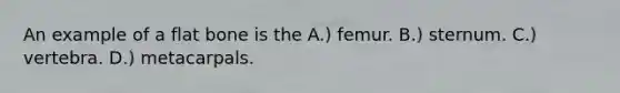 An example of a flat bone is the A.) femur. B.) sternum. C.) vertebra. D.) metacarpals.