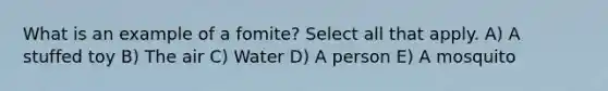 What is an example of a fomite? Select all that apply. A) A stuffed toy B) The air C) Water D) A person E) A mosquito