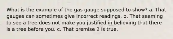 What is the example of the gas gauge supposed to show? a. That gauges can sometimes give incorrect readings. b. That seeming to see a tree does not make you justified in believing that there is a tree before you. c. That premise 2 is true.