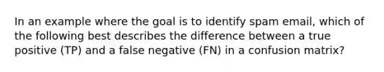 In an example where the goal is to identify spam email, which of the following best describes the difference between a true positive (TP) and a false negative (FN) in a confusion matrix?