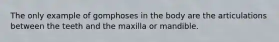 The only example of gomphoses in the body are the articulations between the teeth and the maxilla or mandible.