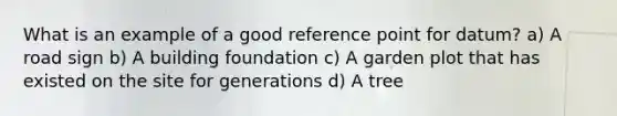 What is an example of a good reference point for datum? a) A road sign b) A building foundation c) A garden plot that has existed on the site for generations d) A tree