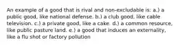 An example of a good that is rival and non-excludable is: a.) a public good, like national defense. b.) a club good, like cable television. c.) a private good, like a cake. d.) a common resource, like public pasture land. e.) a good that induces an externality, like a flu shot or factory pollution