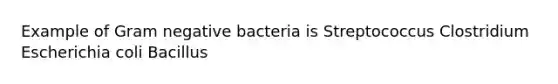 Example of Gram negative bacteria is Streptococcus Clostridium Escherichia coli Bacillus