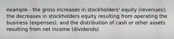 example - the gross increases in stockholders' equity (revenues); the decreases in stockholders equity resulting from operating the business (expenses); and the distribution of cash or other assets resulting from net income (dividends)