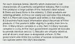 For each example​ below, identify which statement is not characteristic of a perfectly competitive industry. Part 1 A.One firm produces a large portion of the​ industry's total output. B.There are many firms in the industry. C.Their products are indistinguishable. D.Firms can easily exit and enter the industry. Part 2 A.There are many buyers and sellers in the industry. B.Consumers have equal information about the prices of​ firms' products. C.The products differ slightly in quality from firm to firm. D.Many diners compete in a city. Part 3 A.Many taxicabs compete in a city. B.The​ city's government requires all taxicabs to provide identical service. C.Taxicabs are virtually​ identical, and all drivers must wear a designated uniform. D.The government also limits the number of taxicab companies that can operate within the​ city's boundaries