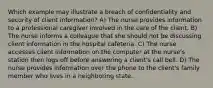 Which example may illustrate a breach of confidentiality and security of client information? A) The nurse provides information to a professional caregiver involved in the care of the client. B) The nurse informs a colleague that she should not be discussing client information in the hospital cafeteria. C) The nurse accesses client information on the computer at the nurse's station then logs off before answering a client's call bell. D) The nurse provides information over the phone to the client's family member who lives in a neighboring state.