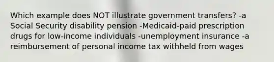 Which example does NOT illustrate government transfers? -a Social Security disability pension -Medicaid-paid prescription drugs for low-income individuals -unemployment insurance -a reimbursement of personal income tax withheld from wages