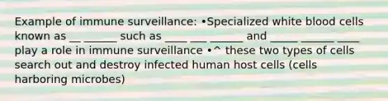 Example of immune surveillance: •Specialized white blood cells known as __ ______ such as ____ ___ ______ and _____ ______ ____ play a role in immune surveillance •^ these two types of cells search out and destroy infected human host cells (cells harboring microbes)