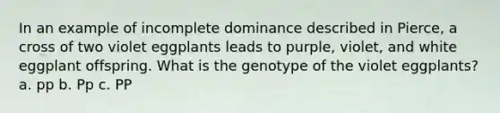 In an example of incomplete dominance described in Pierce, a cross of two violet eggplants leads to purple, violet, and white eggplant offspring. What is the genotype of the violet eggplants? a. pp b. Pp c. PP