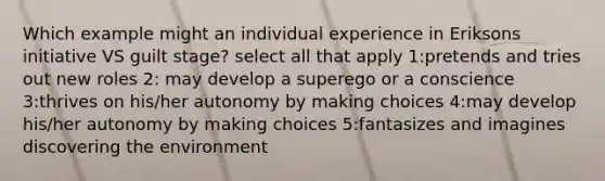 Which example might an individual experience in Eriksons initiative VS guilt stage? select all that apply 1:pretends and tries out new roles 2: may develop a superego or a conscience 3:thrives on his/her autonomy by making choices 4:may develop his/her autonomy by making choices 5:fantasizes and imagines discovering the environment