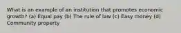 What is an example of an institution that promotes economic growth? (a) Equal pay (b) The rule of law (c) Easy money (d) Community property