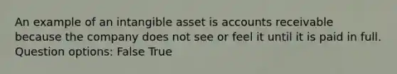 An example of an intangible asset is accounts receivable because the company does not see or feel it until it is paid in full. Question options: False True