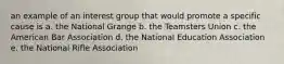 an example of an interest group that would promote a specific cause is a. the National Grange b. the Teamsters Union c. the American Bar Association d. the National Education Association e. the National Rifle Association