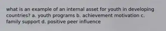 what is an example of an internal asset for youth in developing countries? a. youth programs b. achievement motivation c. family support d. positive peer influence