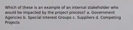 Which of these is an example of an internal stakeholder who would be impacted by the project process? a. Government Agencies b. Special Interest Groups c. Suppliers d. Competing Projects